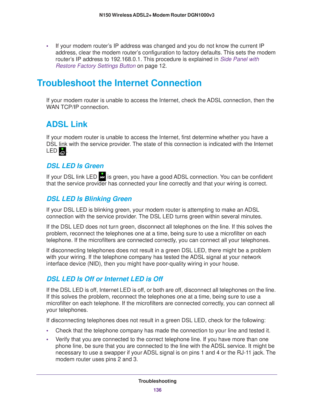 NETGEAR DGN1000v3 user manual Troubleshoot the Internet Connection, Adsl Link 