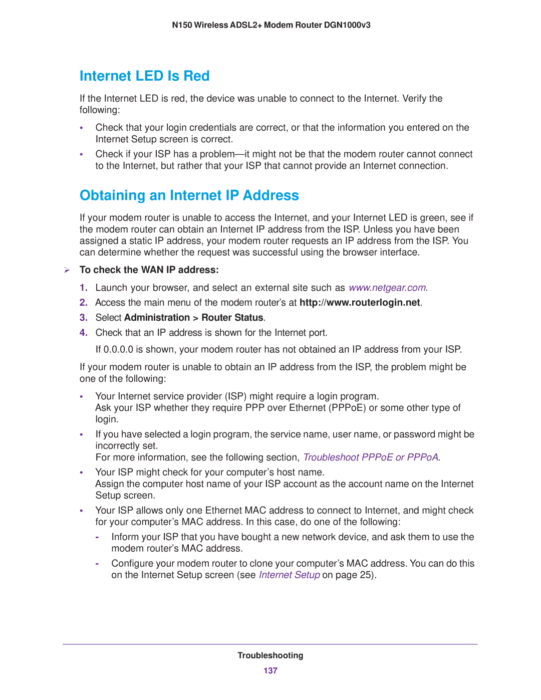 NETGEAR DGN1000v3 user manual Internet LED Is Red, Obtaining an Internet IP Address 