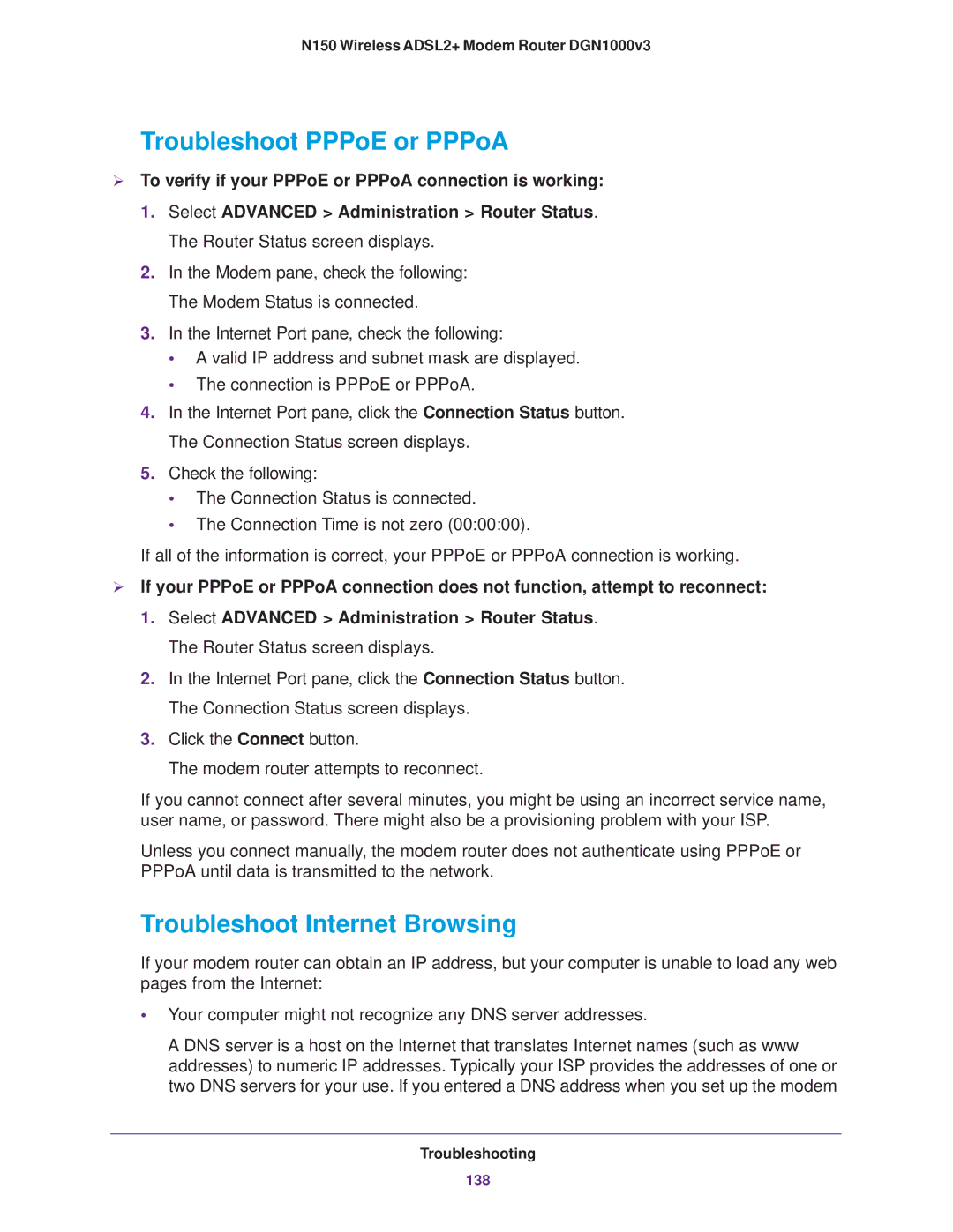 NETGEAR DGN1000v3 user manual Troubleshoot PPPoE or PPPoA, Troubleshoot Internet Browsing 