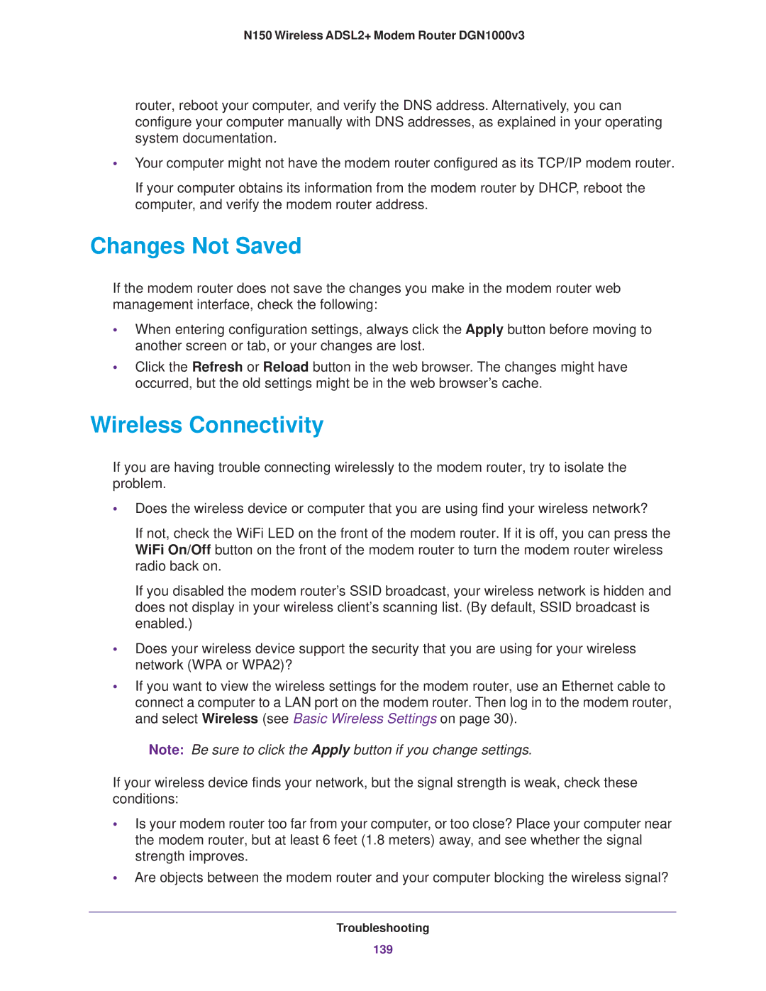 NETGEAR DGN1000v3 user manual Changes Not Saved, Wireless Connectivity 