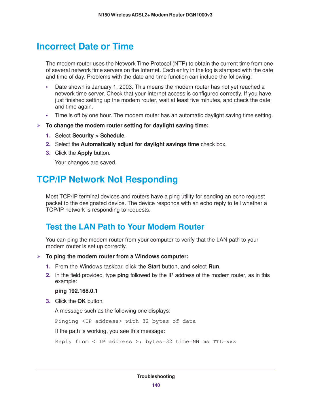 NETGEAR DGN1000v3 Incorrect Date or Time, TCP/IP Network Not Responding, Test the LAN Path to Your Modem Router, Ping 