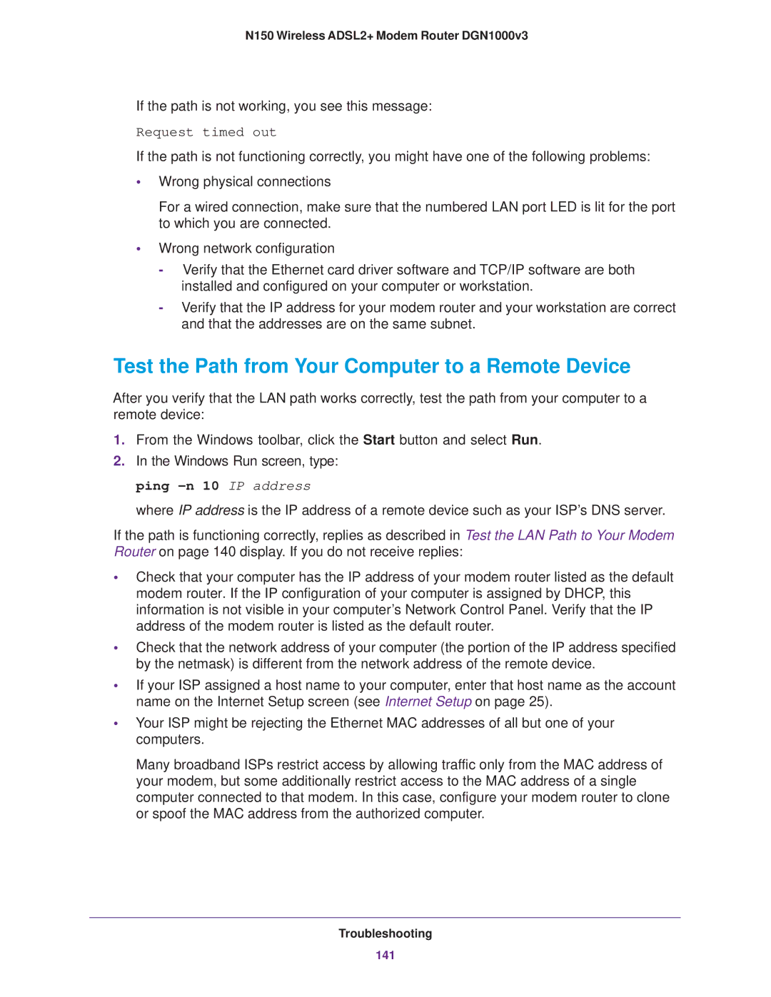 NETGEAR DGN1000v3 user manual Test the Path from Your Computer to a Remote Device, Request timed out 