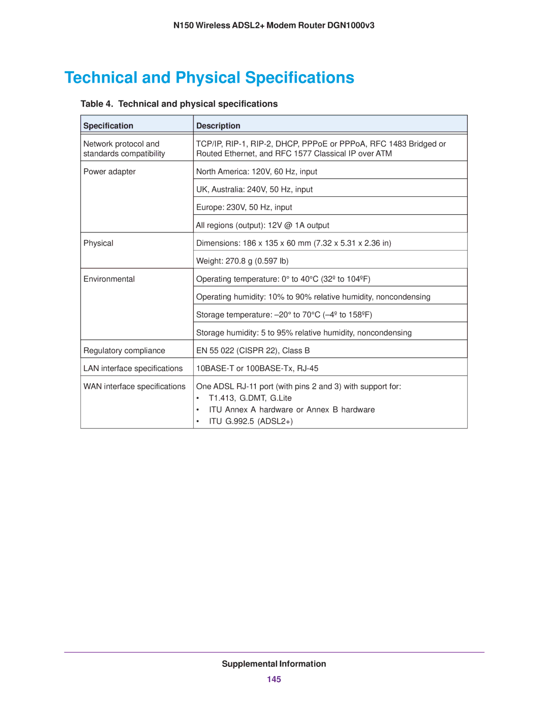 NETGEAR DGN1000v3 user manual Technical and Physical Specifications, Technical and physical specifications 