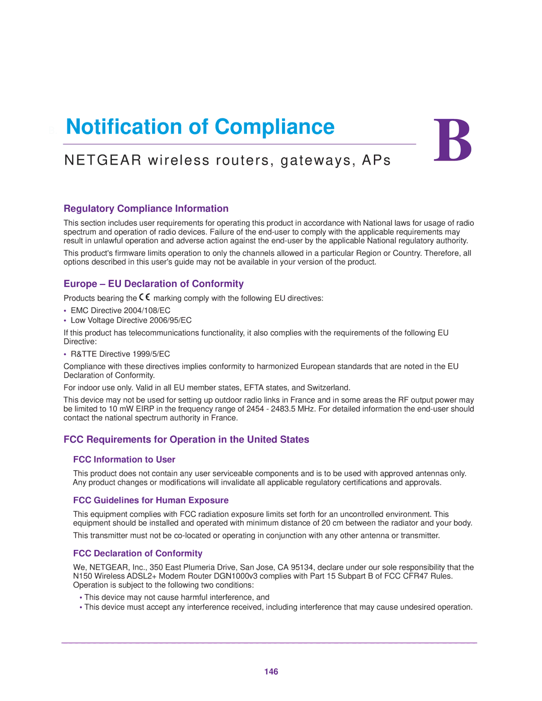 NETGEAR DGN1000v3 user manual Notification of Compliance 