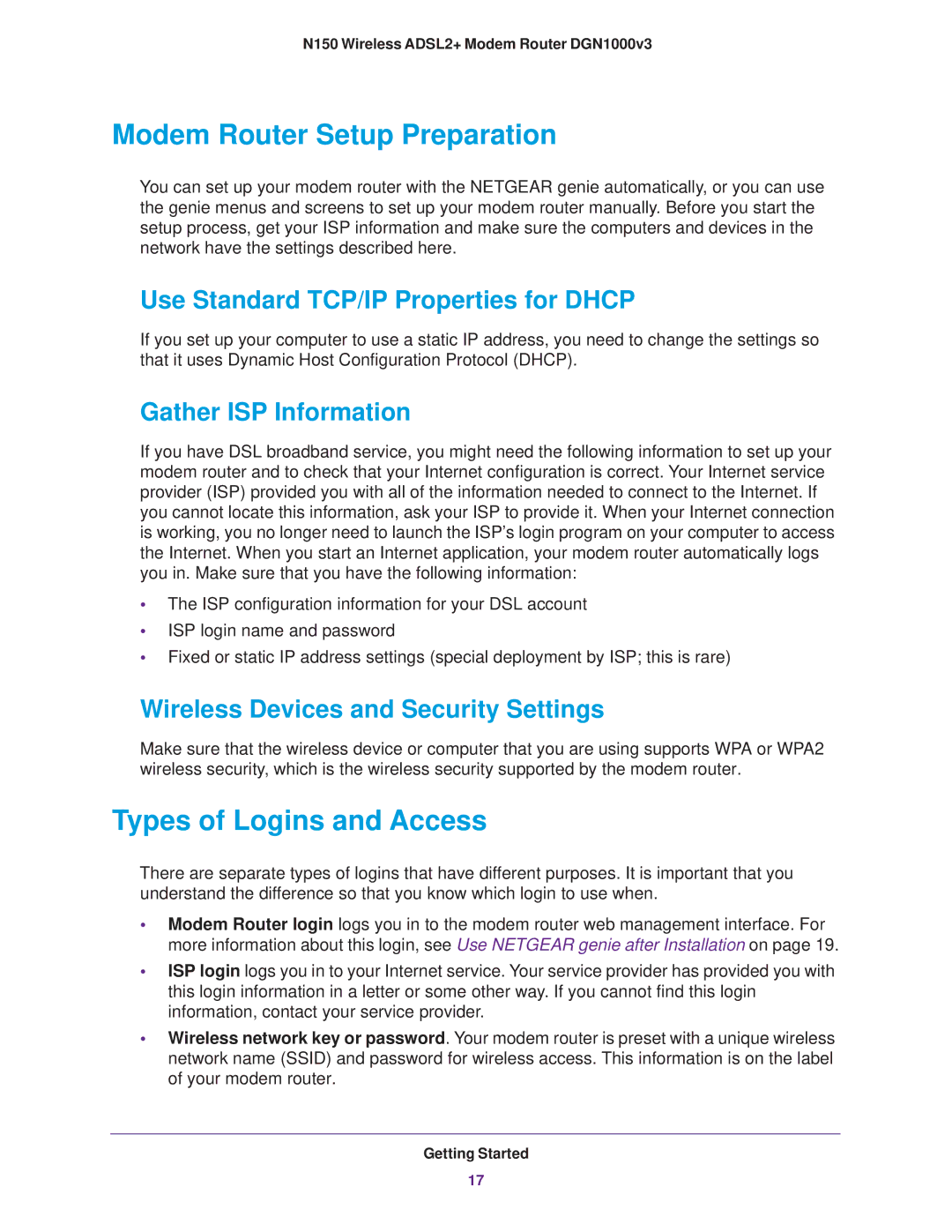 NETGEAR DGN1000v3 Modem Router Setup Preparation, Types of Logins and Access, Use Standard TCP/IP Properties for Dhcp 