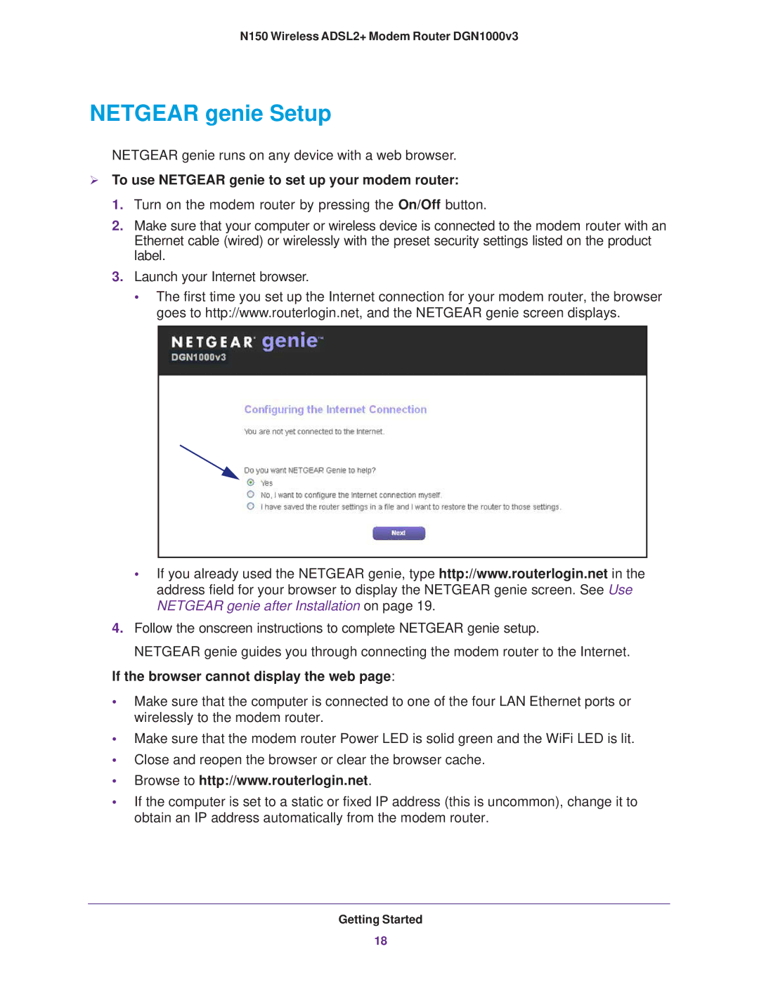 NETGEAR DGN1000v3 user manual Netgear genie Setup,  To use Netgear genie to set up your modem router 