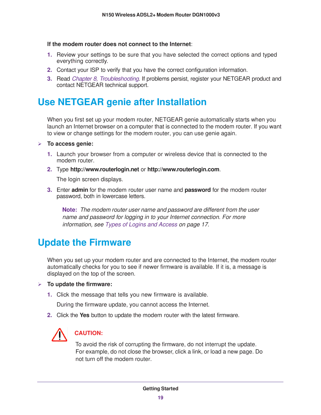 NETGEAR DGN1000v3 Use Netgear genie after Installation, Update the Firmware,  To access genie,  To update the firmware 