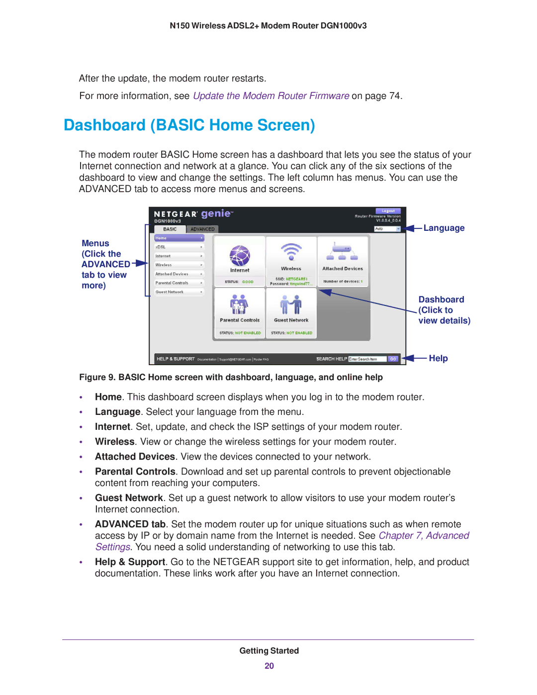 NETGEAR DGN1000v3 user manual Dashboard Basic Home Screen, Basic Home screen with dashboard, language, and online help 