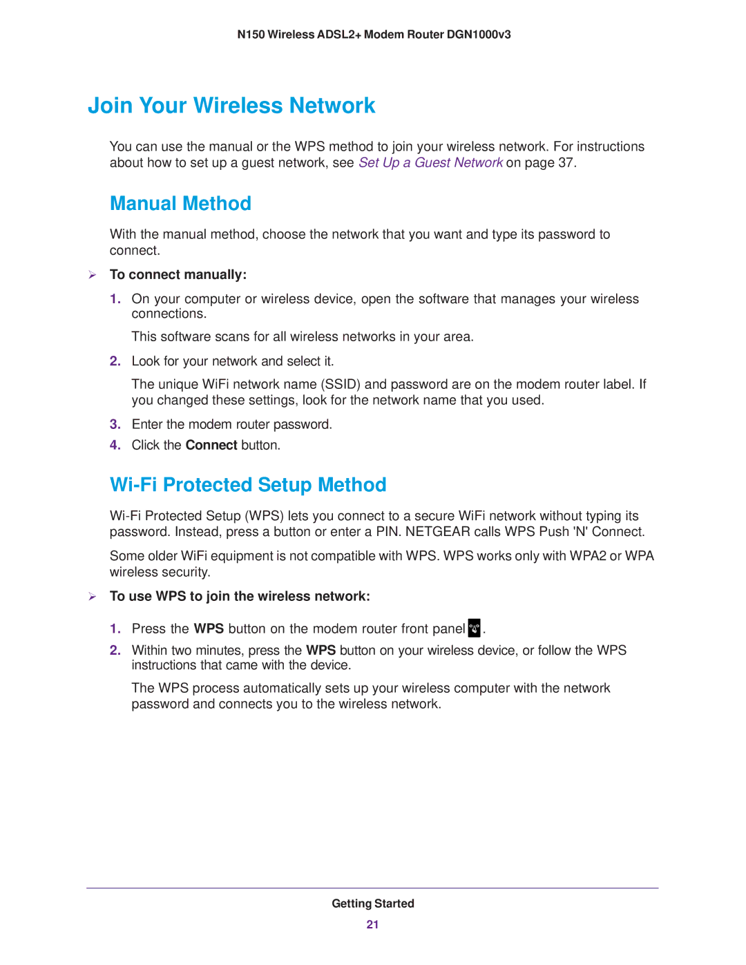 NETGEAR DGN1000v3 Join Your Wireless Network, Manual Method, Wi-Fi Protected Setup Method,  To connect manually 