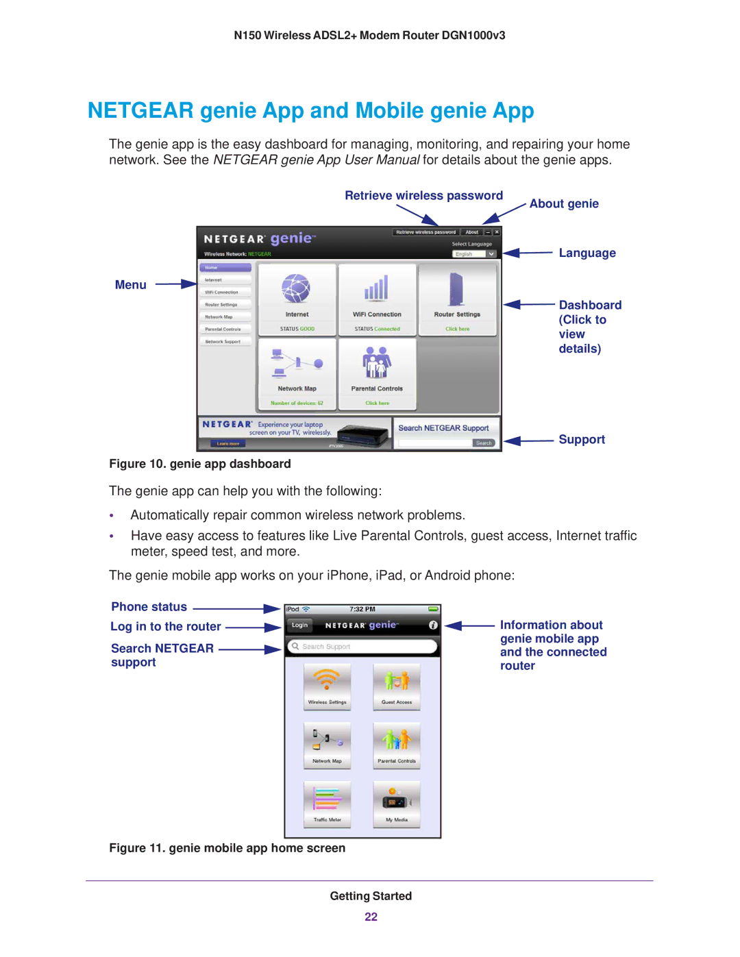 NETGEAR DGN1000v3 user manual Netgear genie App and Mobile genie App, Genie app dashboard 