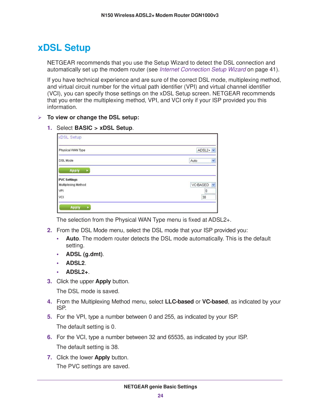 NETGEAR DGN1000v3 user manual XDSL Setup, Adsl g.dmt ADSL2 ADSL2+ 