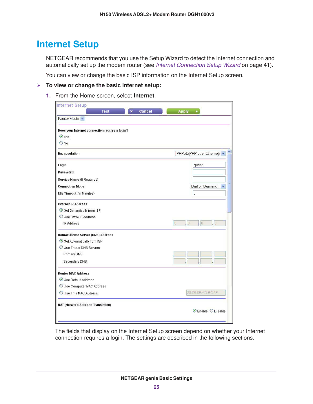 NETGEAR DGN1000v3 user manual Internet Setup 