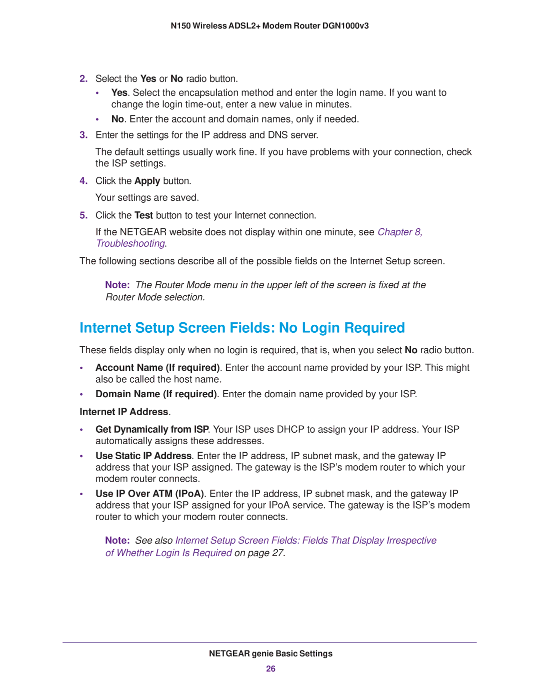 NETGEAR DGN1000v3 user manual Internet Setup Screen Fields No Login Required, Internet IP Address 