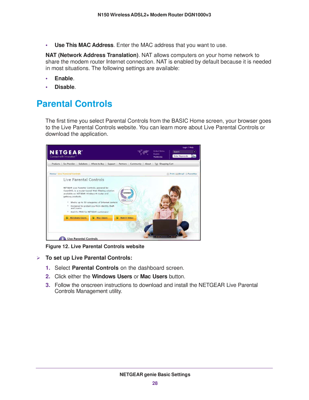 NETGEAR DGN1000v3 user manual Enable Disable,  To set up Live Parental Controls 