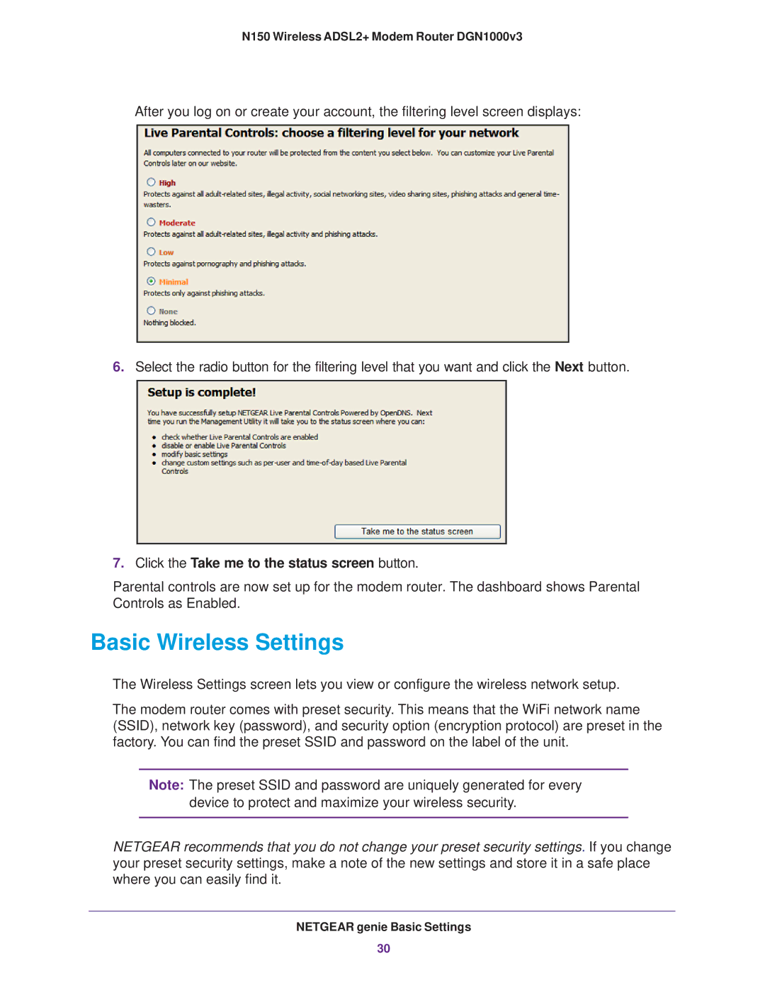 NETGEAR DGN1000v3 user manual Basic Wireless Settings, Click the Take me to the status screen button 