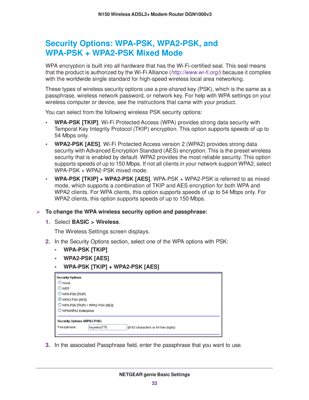 NETGEAR DGN1000v3 user manual WPA-PSK Tkip WPA2-PSK AES WPA-PSK Tkip + WPA2-PSK AES 