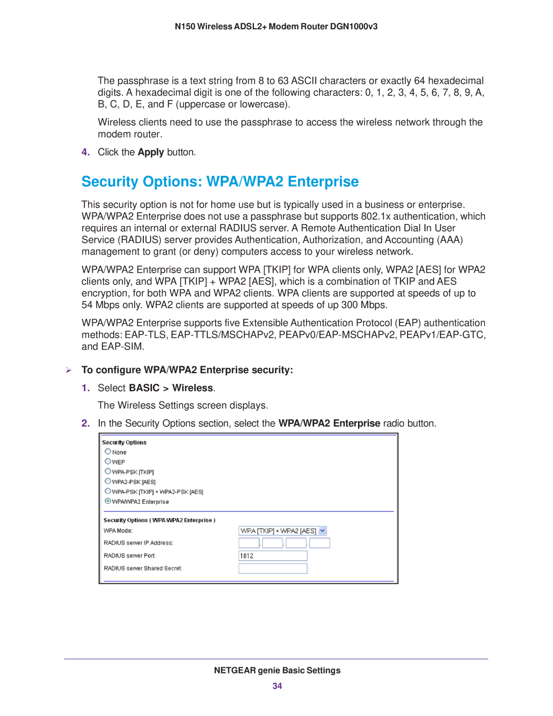 NETGEAR DGN1000v3 user manual Security Options WPA/WPA2 Enterprise 