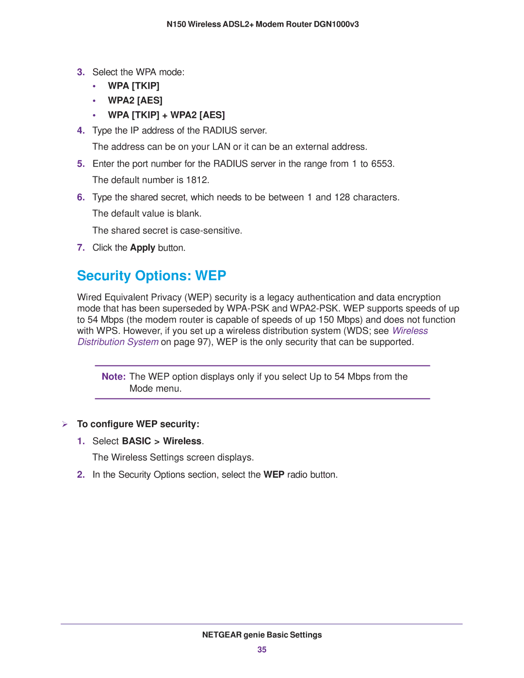 NETGEAR DGN1000v3 user manual Security Options WEP, WPA2 AES,  To configure WEP security Select Basic Wireless 