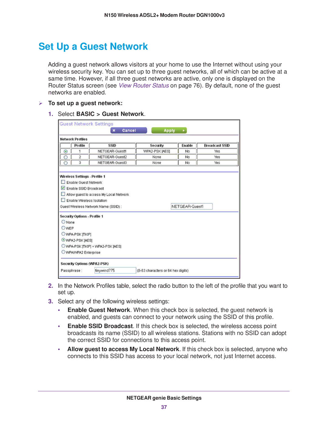 NETGEAR DGN1000v3 user manual Set Up a Guest Network,  To set up a guest network Select Basic Guest Network 