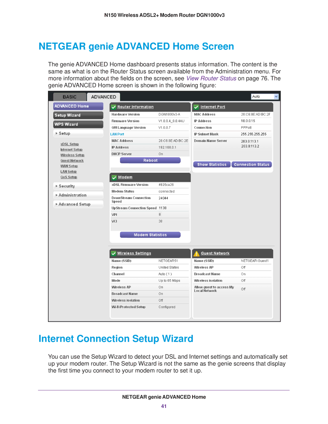 NETGEAR DGN1000v3 user manual Netgear genie Advanced Home Screen, Internet Connection Setup Wizard 