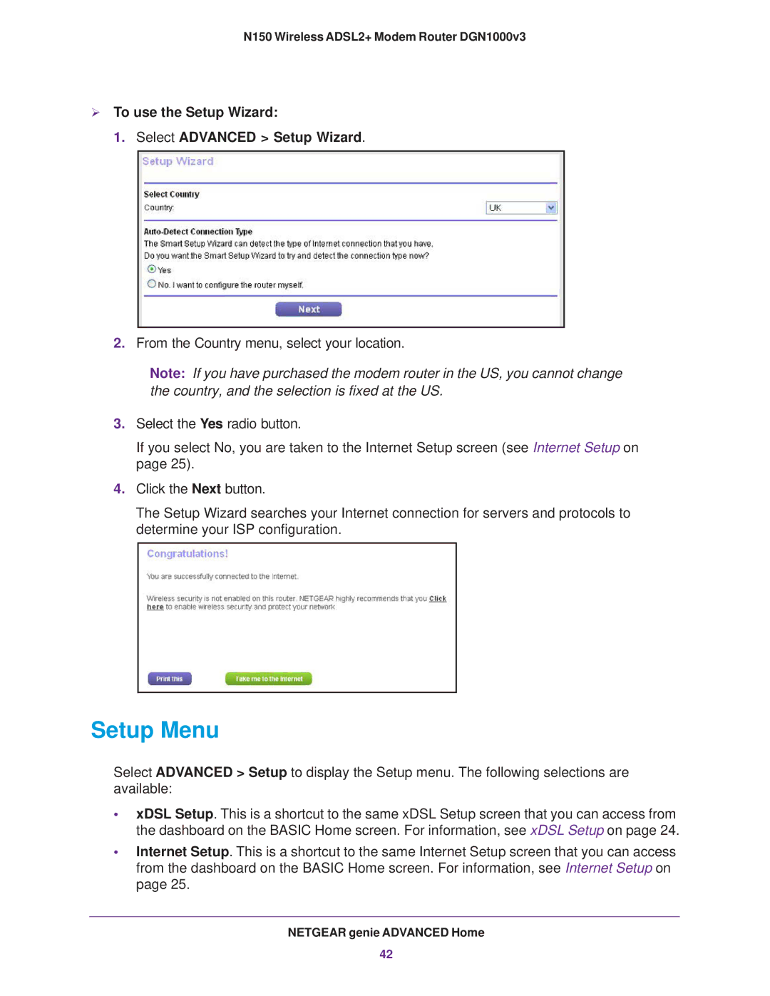 NETGEAR DGN1000v3 user manual Setup Menu,  To use the Setup Wizard Select Advanced Setup Wizard 