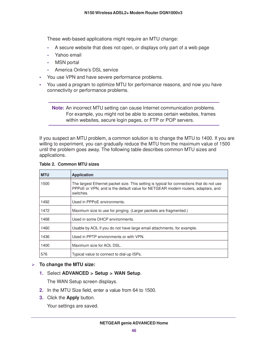 NETGEAR DGN1000v3 user manual  To change the MTU size, Common MTU sizes 