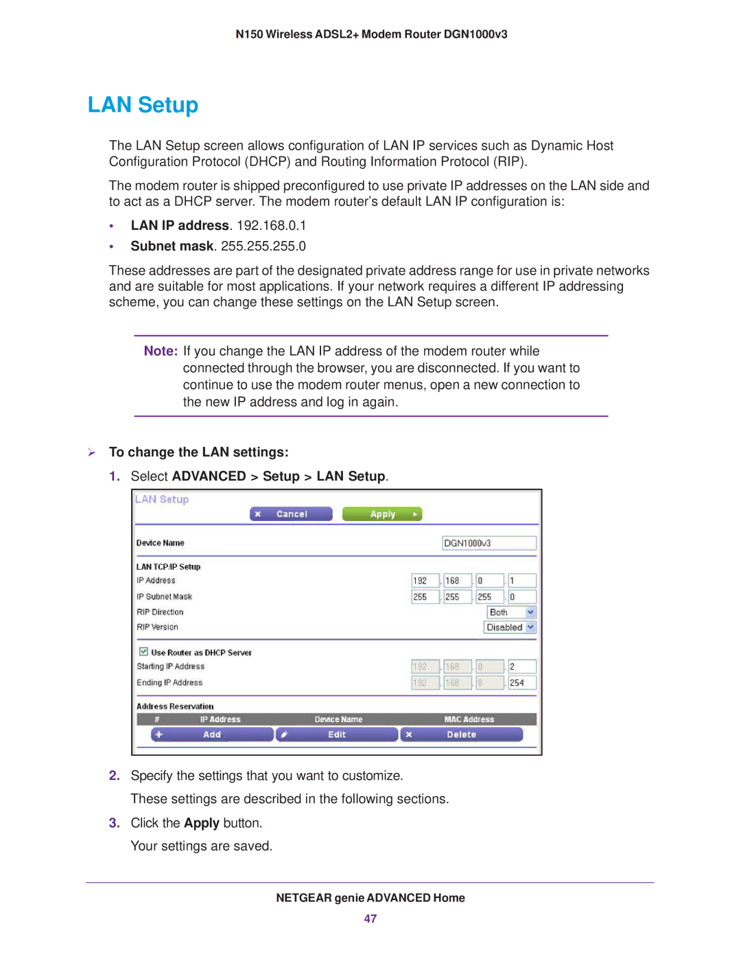 NETGEAR DGN1000v3 user manual LAN Setup, LAN IP address 