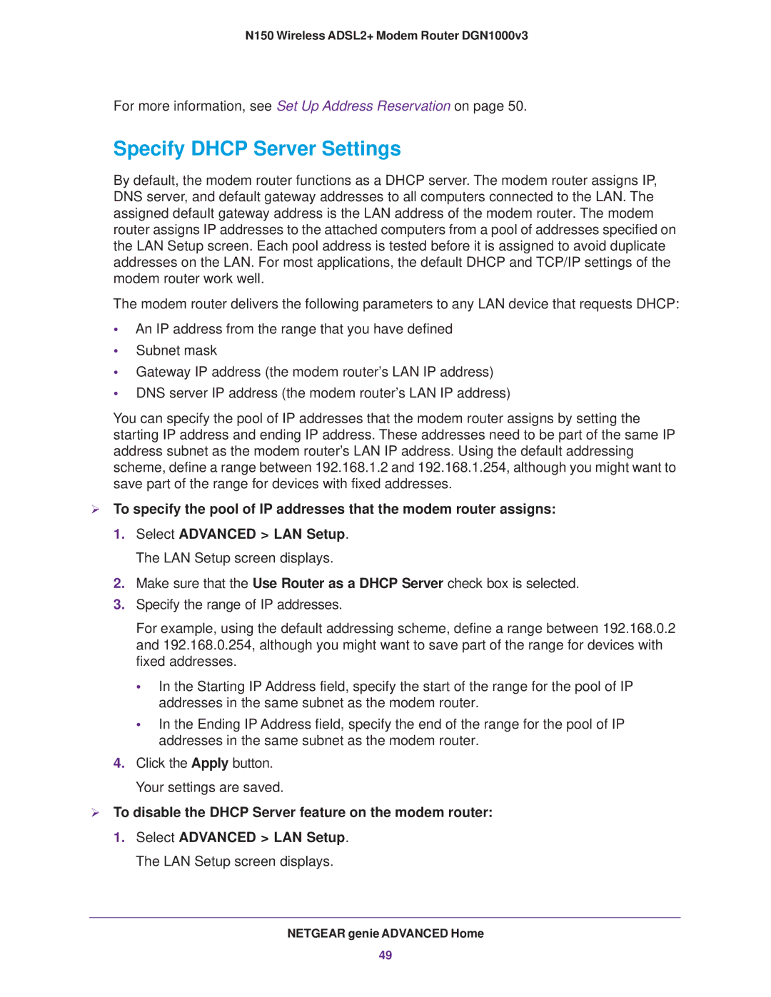 NETGEAR DGN1000v3 user manual Specify Dhcp Server Settings,  To disable the Dhcp Server feature on the modem router 