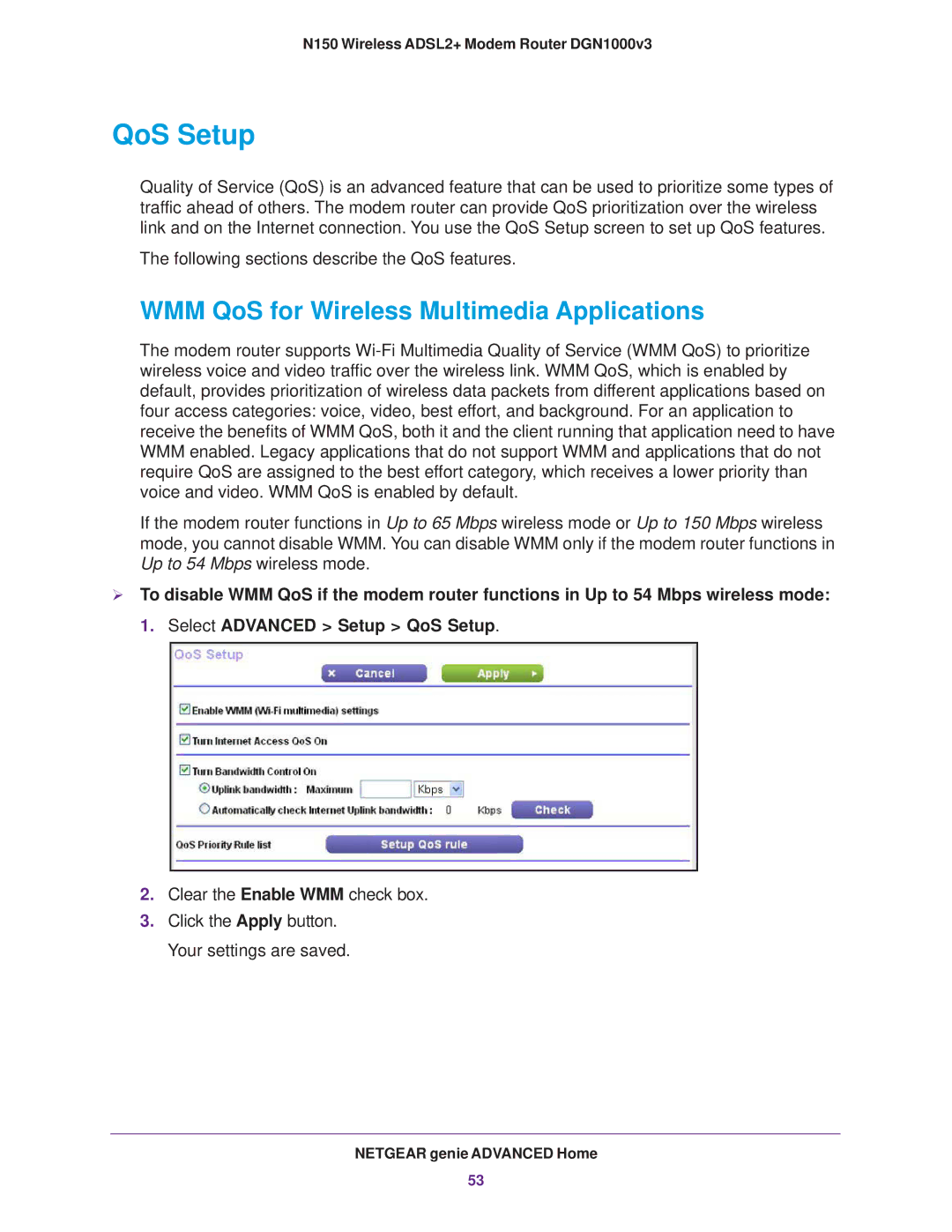 NETGEAR DGN1000v3 user manual QoS Setup, WMM QoS for Wireless Multimedia Applications 