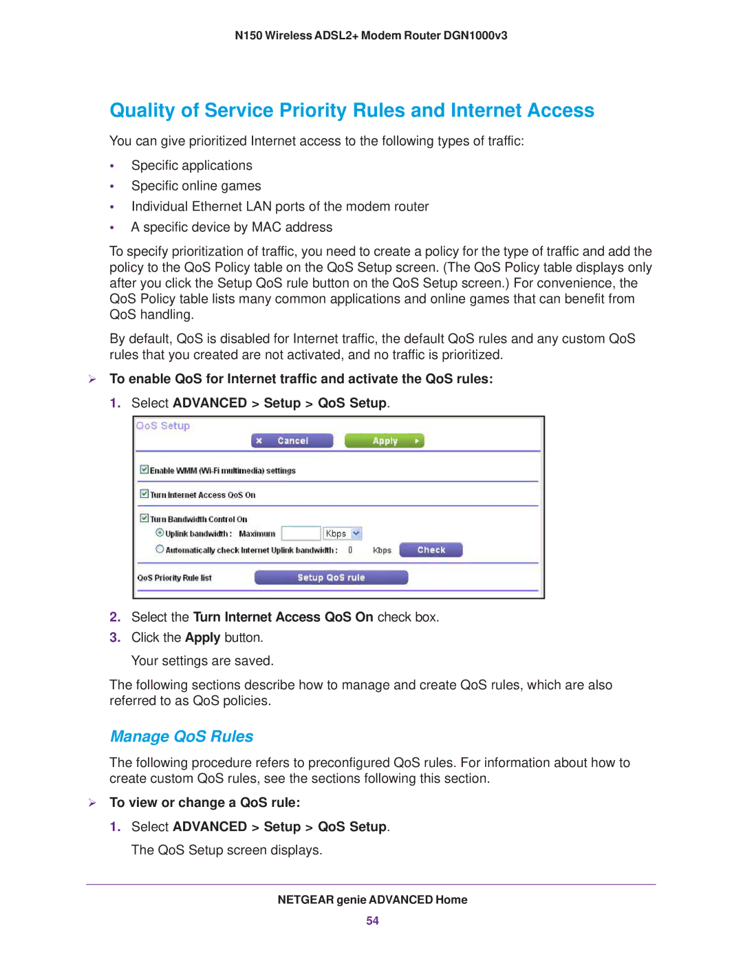 NETGEAR DGN1000v3 user manual Quality of Service Priority Rules and Internet Access,  To view or change a QoS rule 