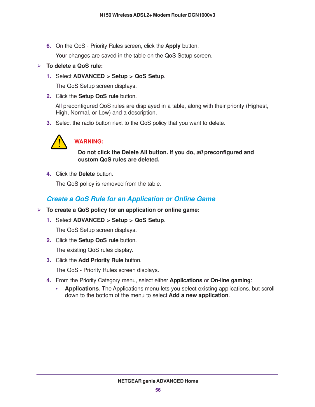 NETGEAR DGN1000v3 user manual  To delete a QoS rule,  To create a QoS policy for an application or online game 