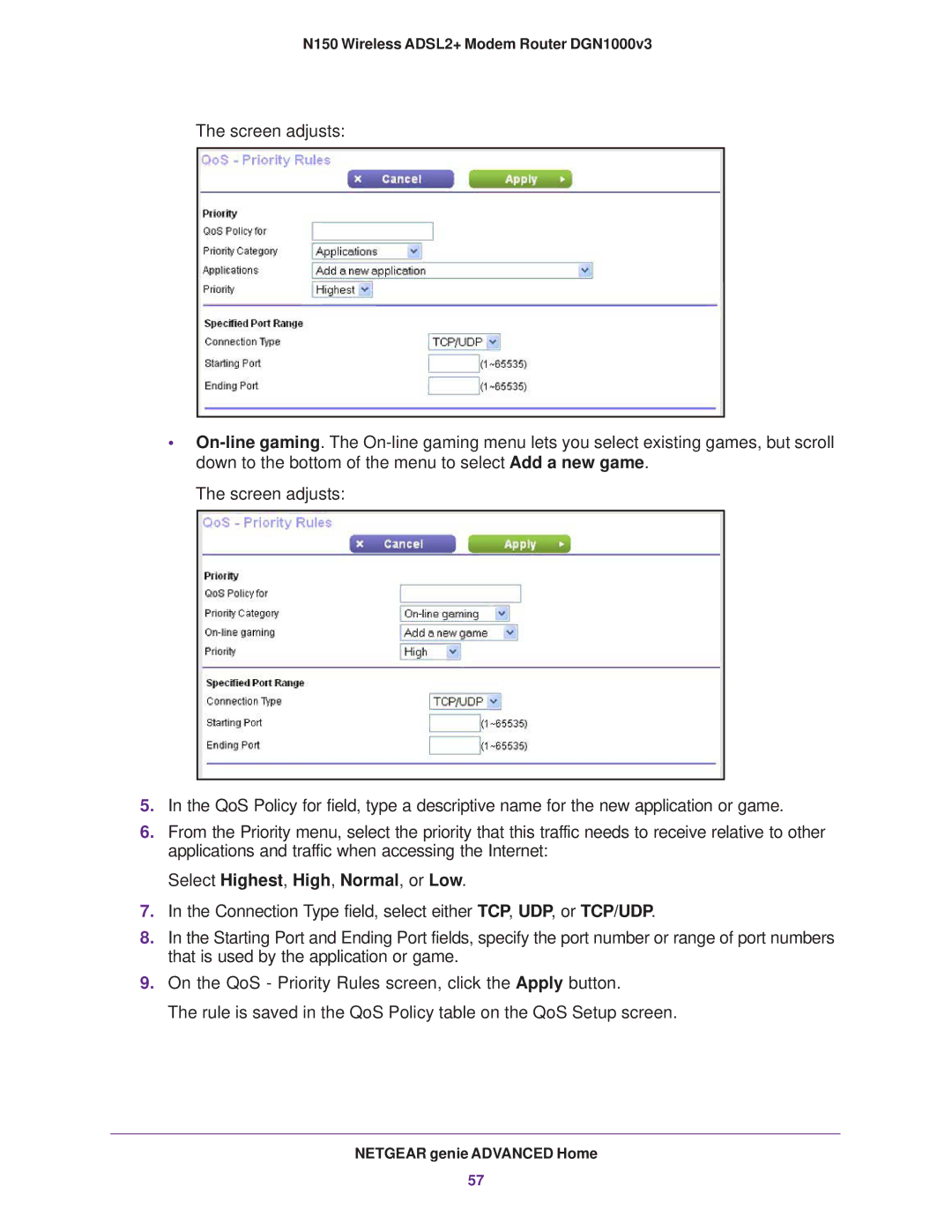 NETGEAR DGN1000v3 user manual Select Highest, High, Normal, or Low 