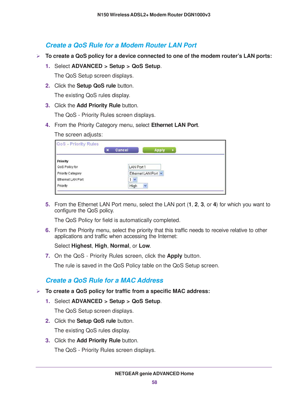 NETGEAR DGN1000v3 user manual Create a QoS Rule for a Modem Router LAN Port 