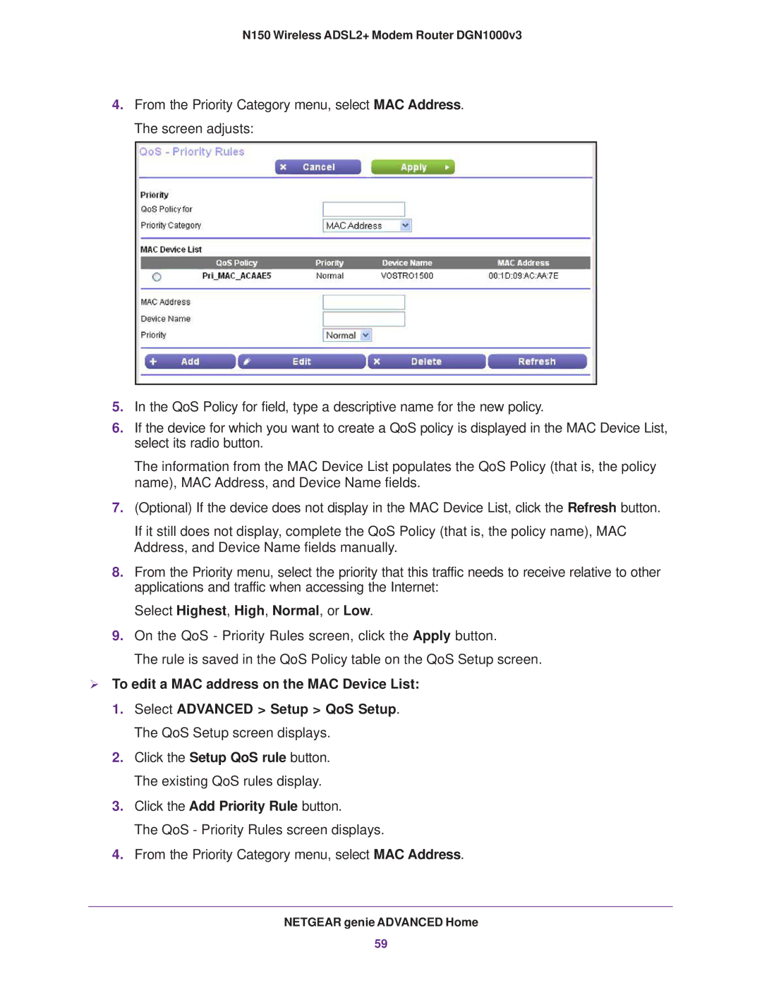 NETGEAR DGN1000v3 user manual  To edit a MAC address on the MAC Device List 