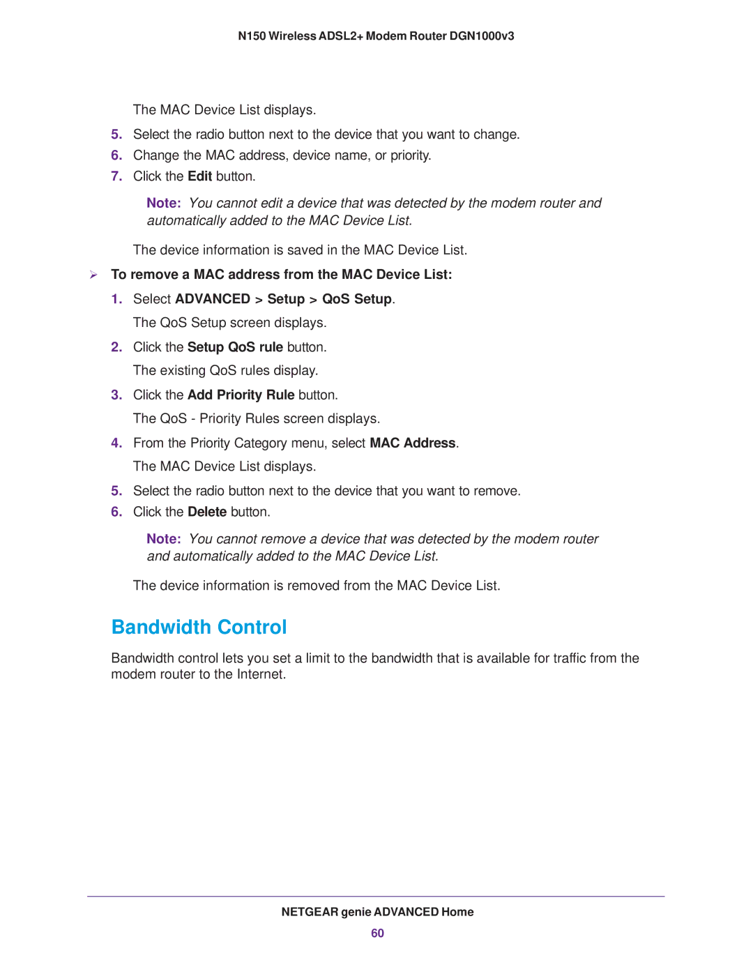 NETGEAR DGN1000v3 user manual Bandwidth Control,  To remove a MAC address from the MAC Device List 