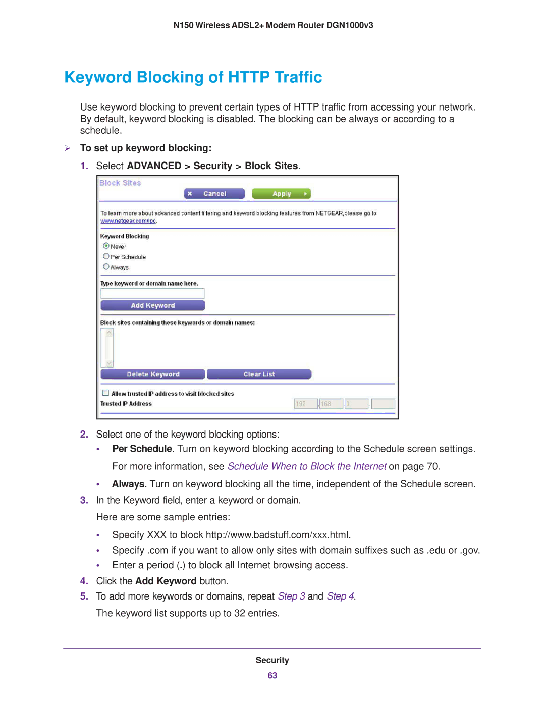 NETGEAR DGN1000v3 user manual Keyword Blocking of Http Traffic 