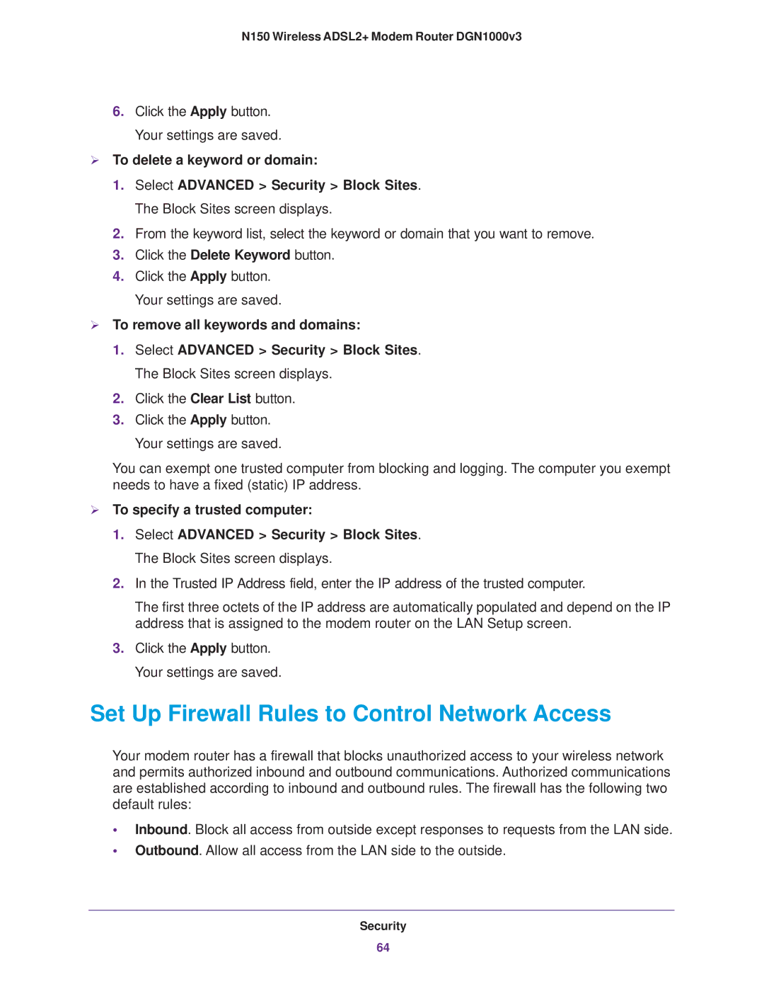 NETGEAR DGN1000v3 user manual Set Up Firewall Rules to Control Network Access,  To delete a keyword or domain 