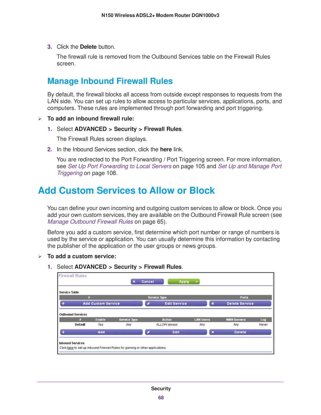 NETGEAR DGN1000v3 Add Custom Services to Allow or Block, Manage Inbound Firewall Rules,  To add an inbound firewall rule 