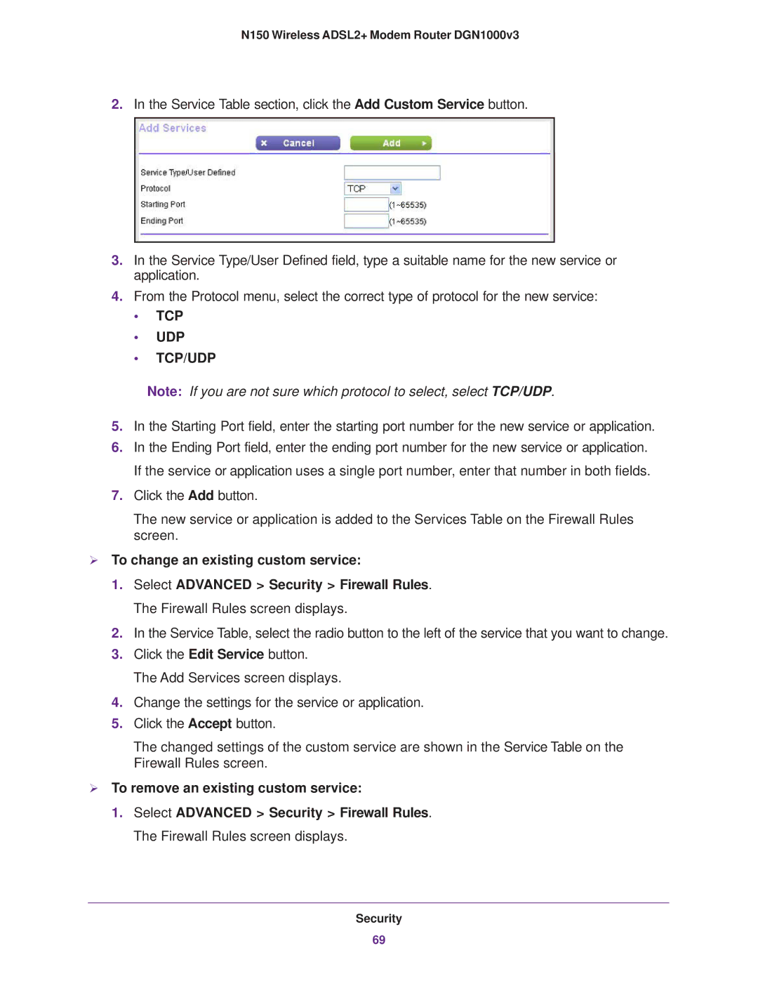 NETGEAR DGN1000v3 user manual  To change an existing custom service,  To remove an existing custom service 