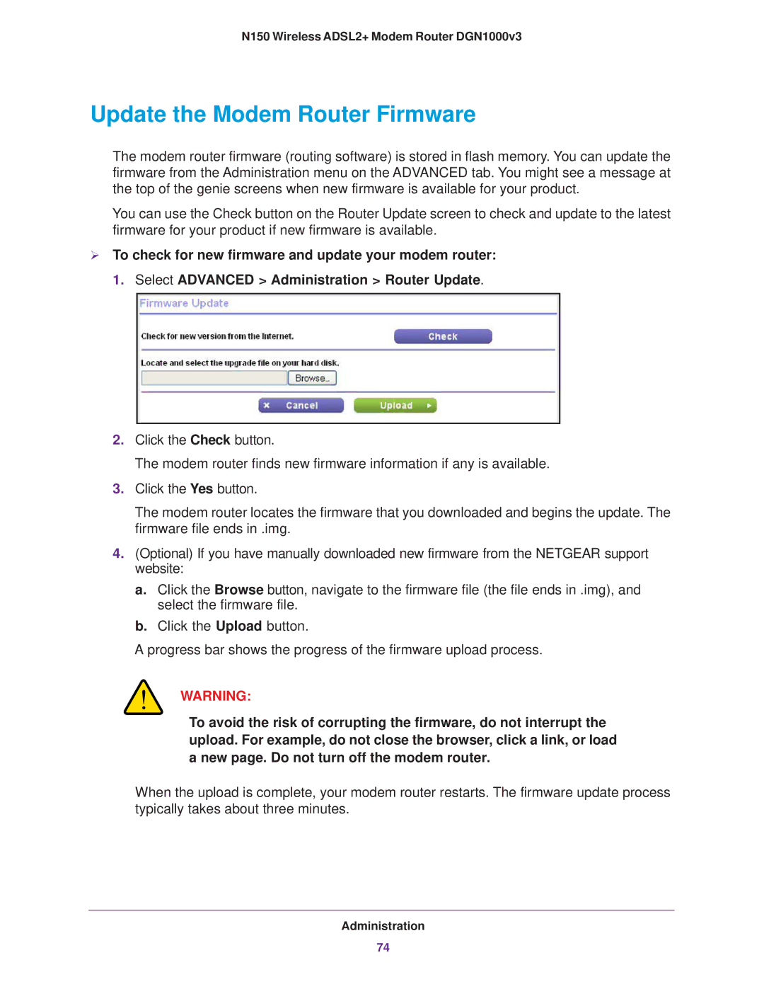 NETGEAR DGN1000v3 user manual Update the Modem Router Firmware 