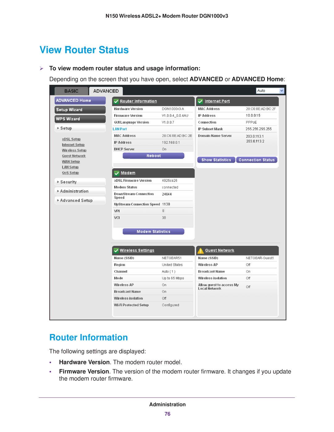 NETGEAR DGN1000v3 user manual View Router Status, Router Information,  To view modem router status and usage information 