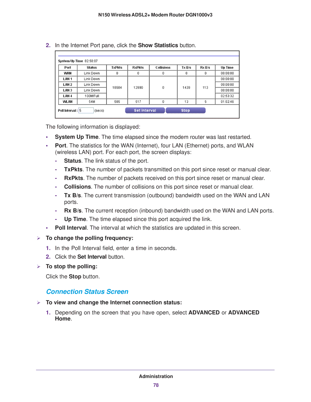 NETGEAR DGN1000v3 user manual  To change the polling frequency,  To view and change the Internet connection status 