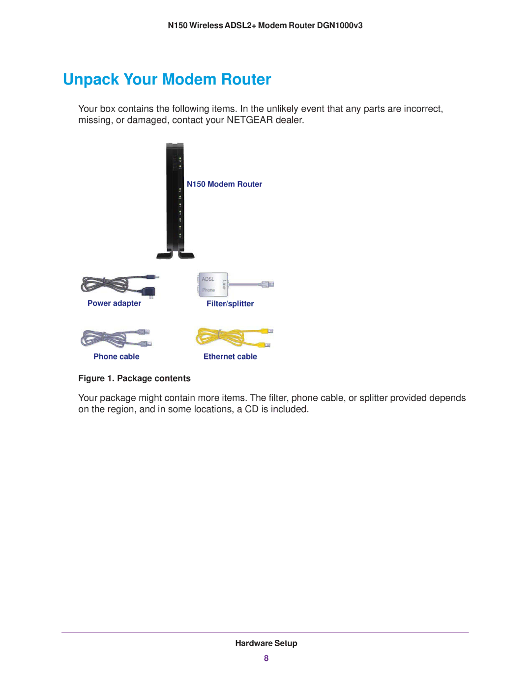 NETGEAR DGN1000v3 user manual Unpack Your Modem Router, Package contents 