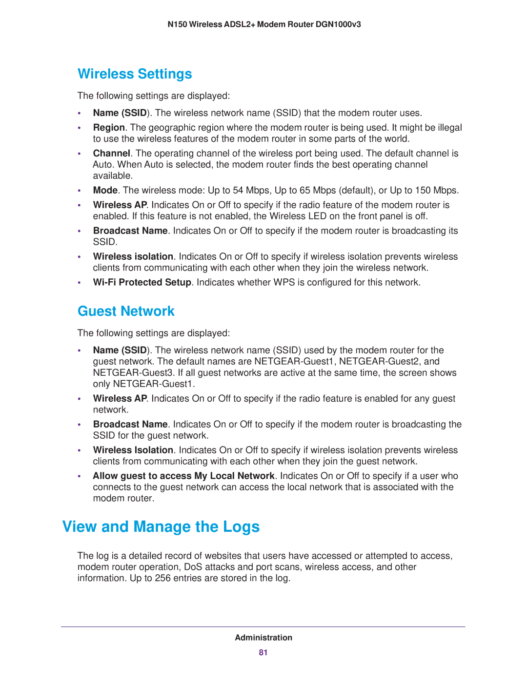 NETGEAR DGN1000v3 user manual View and Manage the Logs, Wireless Settings, Guest Network 