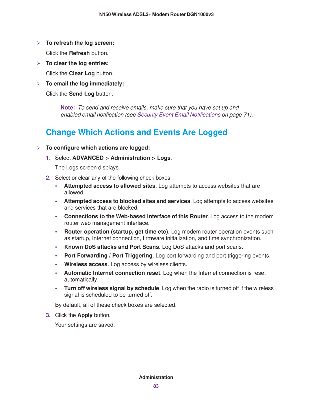 NETGEAR DGN1000v3 user manual Change Which Actions and Events Are Logged,  To configure which actions are logged 