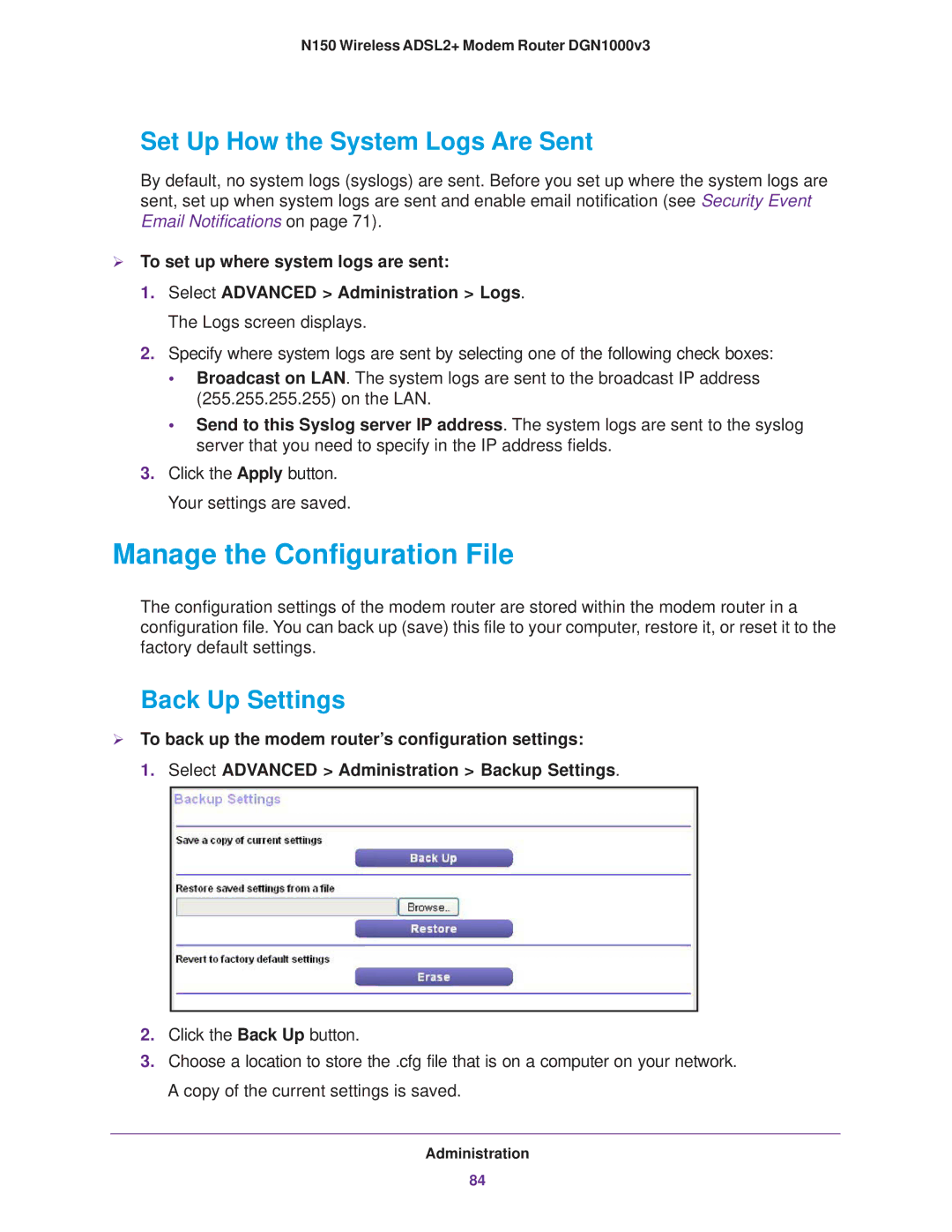 NETGEAR DGN1000v3 user manual Manage the Configuration File, Set Up How the System Logs Are Sent, Back Up Settings 