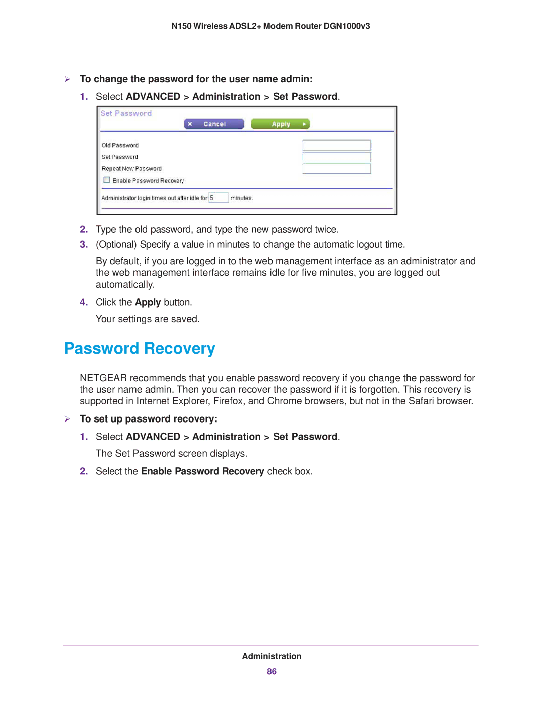 NETGEAR DGN1000v3 user manual  To set up password recovery, Select the Enable Password Recovery check box 