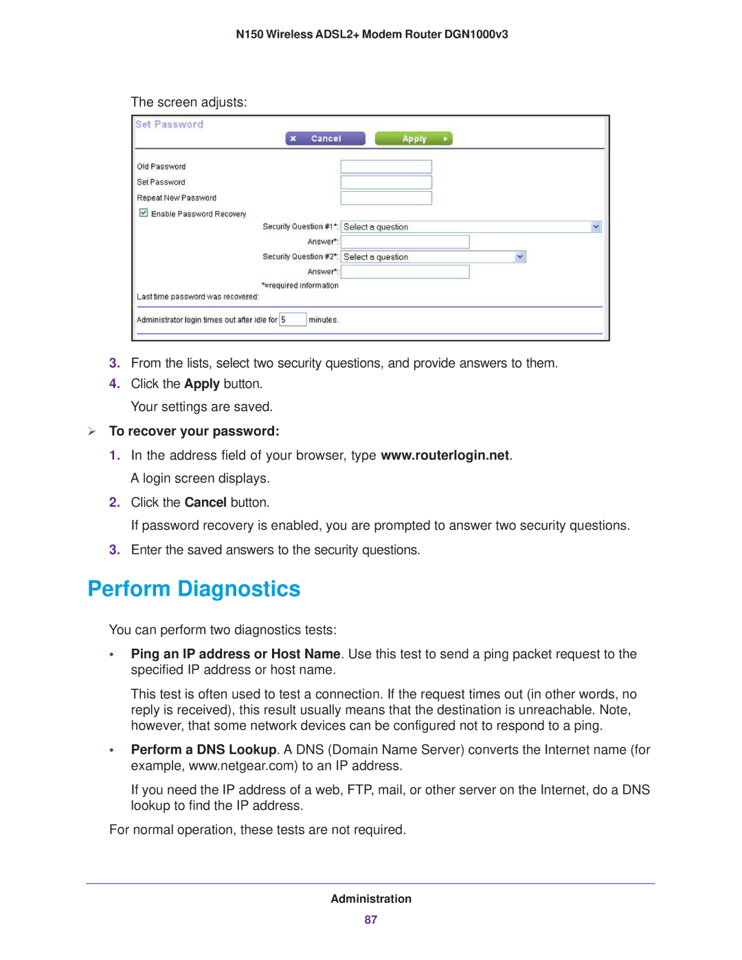 NETGEAR DGN1000v3 user manual Perform Diagnostics,  To recover your password 