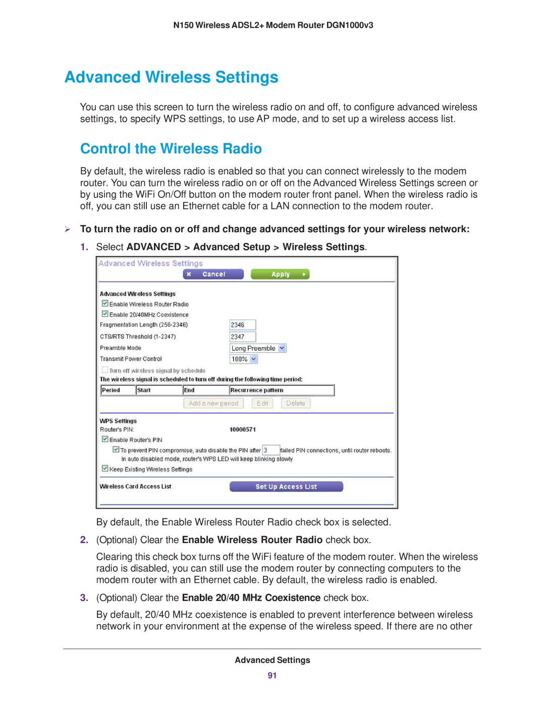 NETGEAR DGN1000v3 user manual Advanced Wireless Settings, Control the Wireless Radio 