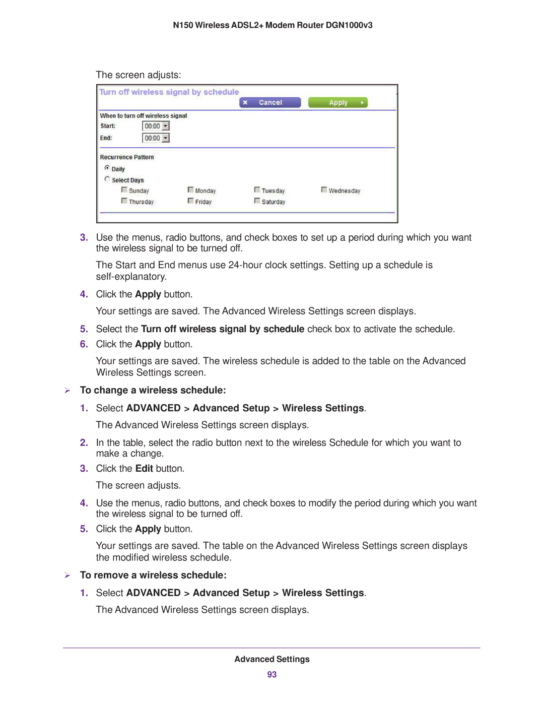 NETGEAR DGN1000v3 user manual  To change a wireless schedule,  To remove a wireless schedule 